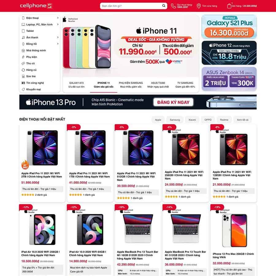 Mẫu giao diện bán điện thoại, laptop, phụ kiện giống CellphoneS