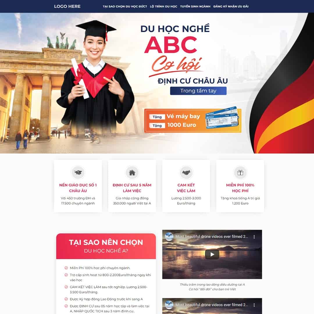Mẫu giao diện landing page du học nghề